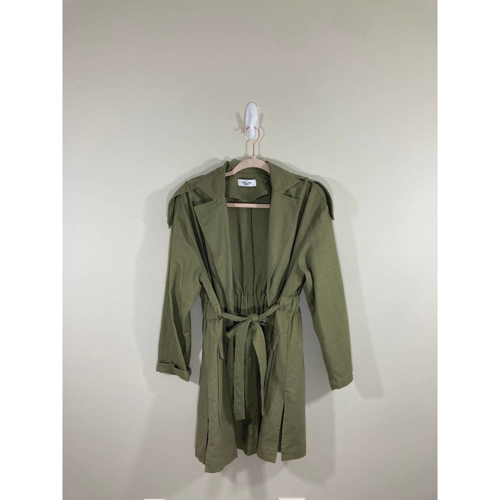 Carly Jean Linen Utilitary Green Women's Trench Open Cardigan Jacket